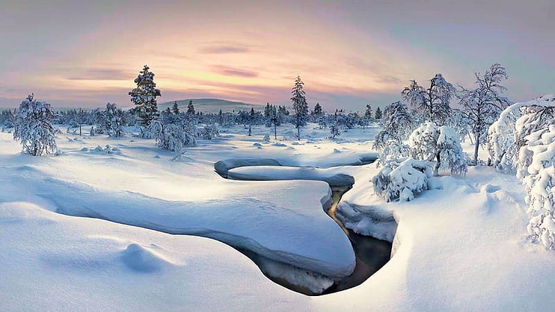 Kiilopaa, Finnish Lapland, snow, river, clouds, landscape, trees, sky, HD wallpaper