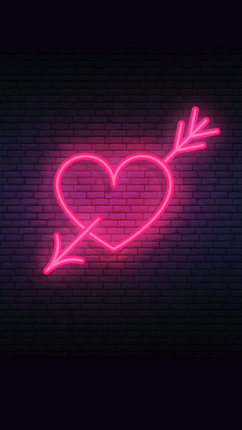 Neon Heart On Wall 80s Kiss Arrow Brick Bricks Dark Eighties Pink Sign Hd Mobile Wallpaper Peakpx