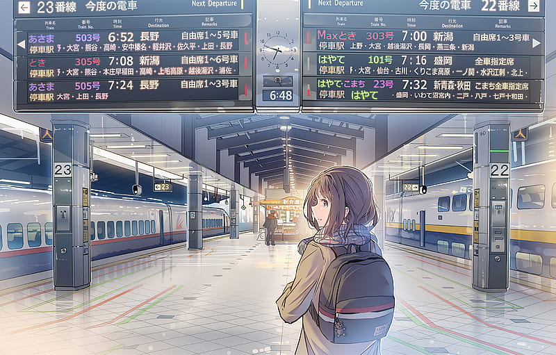 Anime, Original, Scarf, Short Hair, Train Station, HD wallpaper