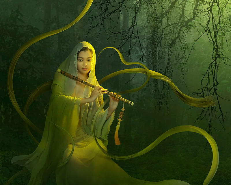Magical flute, luminos, wind, yellow, woman, xuan van, instrument, fantasy, girl, green, duongquocdinh, flute, asian, HD wallpaper