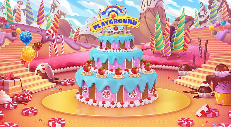 Candy World Ultra, Cute, Artwork, Sweets, Childish, cake, Playground, Lollipops, digitalart, HD wallpaper