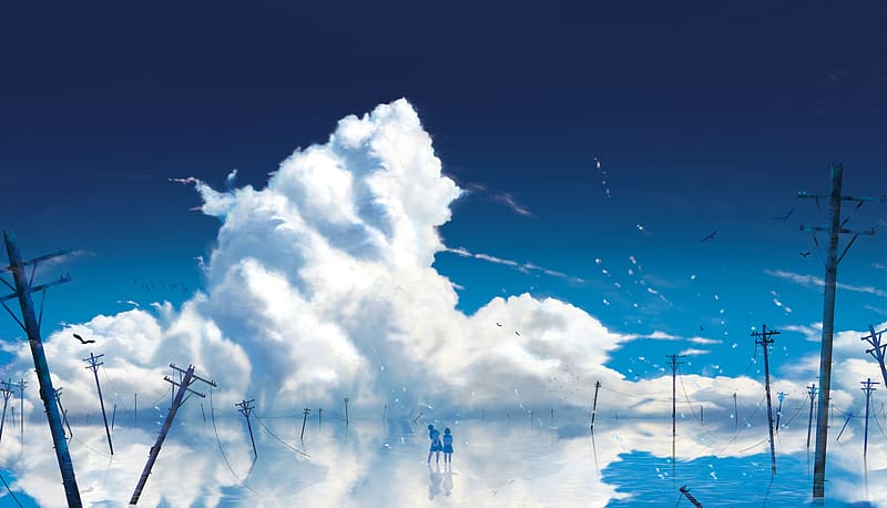 Anime, Water, Sky, Reflection, Cloud, Skirt, Original, Telephone Pole, HD wallpaper