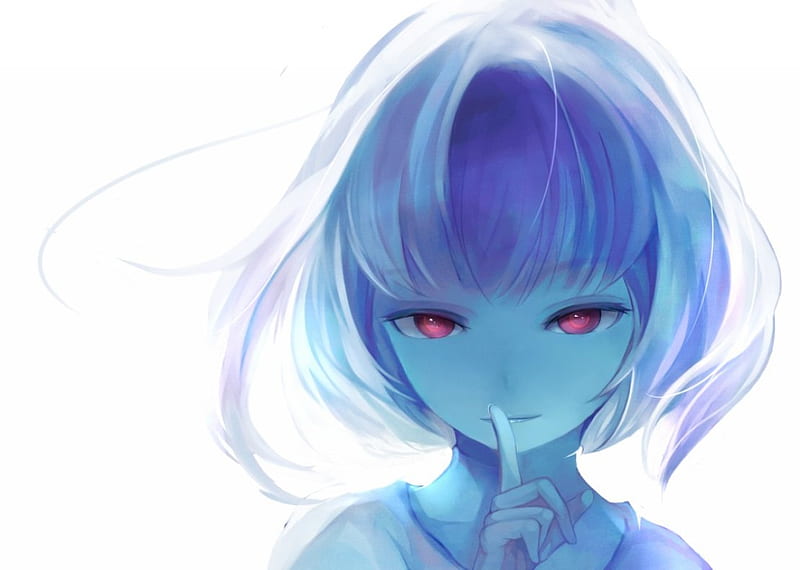 Silent, red, pretty, bonito, eerie, sweet, nice, fantasy, anime, gloomy, beauty, anime girl, realistic, blue, female, lovely, gloom, plain, short hair, girl, creep, simple, aqua hair, white, red eyes, HD wallpaper