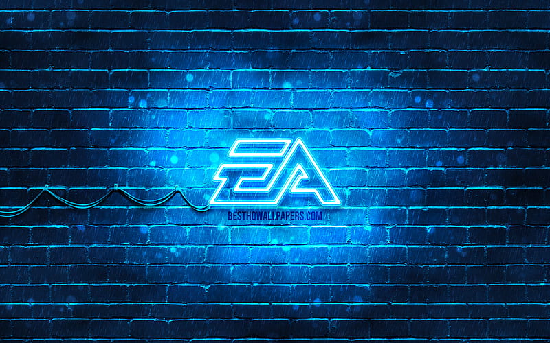 EA Games blue logo blue brickwall, EA Games logo, Electronic Arts, creative, EA Games neon logo, EA Games, HD wallpaper