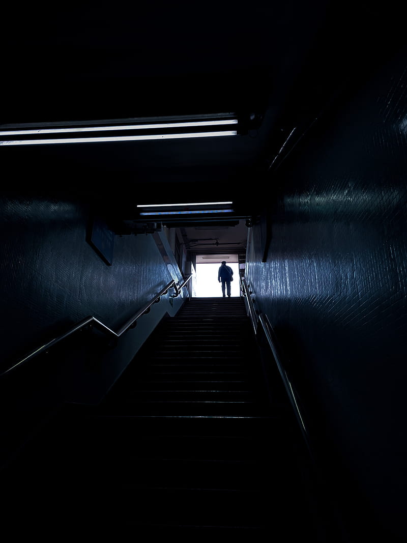 man, silhouette, alone, stairs, climb, dark, HD phone wallpaper