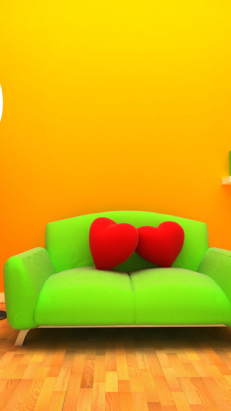 green sofa , heart, room, 3d graphics, orange background, HD phone wallpaper