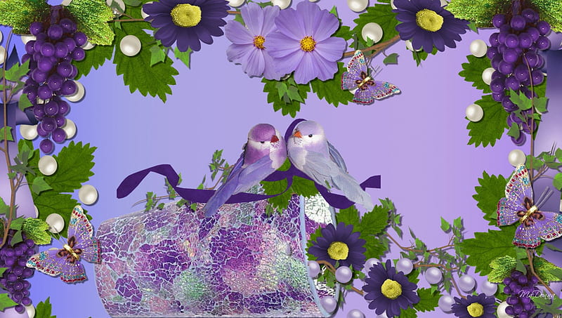 Love Birds and Grapes, stained glass, love birds, butterflies, lavender, ribbons, grapes, purple, flowers, parrots, pearls, HD wallpaper