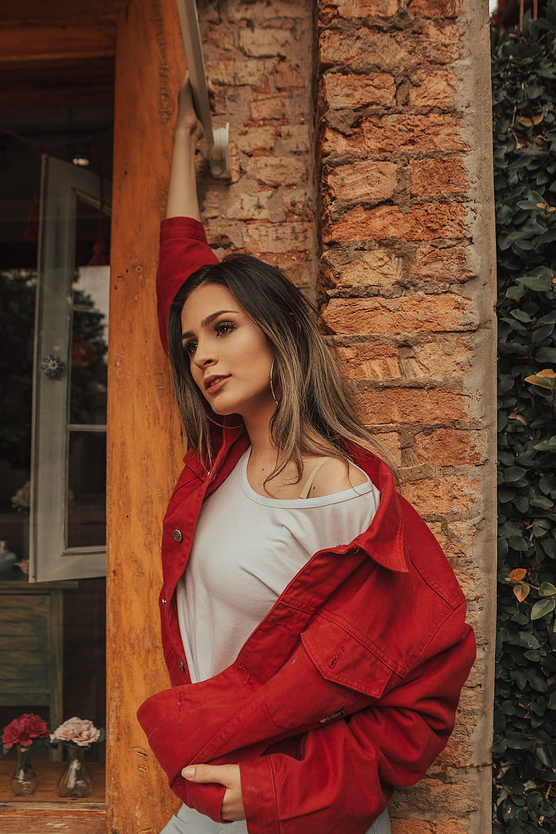 women, looking away, blonde, red jackets, jeans jacket, hoop earrings, open clothes, long hair, model, white tops, looking into the distance, women outdoors, hands in pockets, straight hair, brown eyes, open mouth, HD phone wallpaper