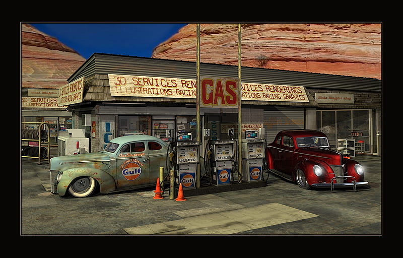 Desert Gas Station, desert, gas, carros, pumps, station, oldies, HD wallpaper