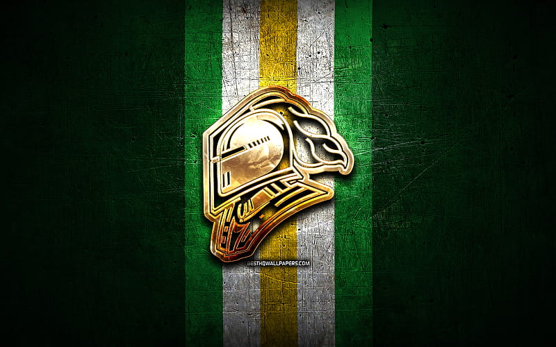 London Knights, golden logo, OHL, green metal background, canadian hockey team, London Knights logo, hockey, Canada, HD wallpaper