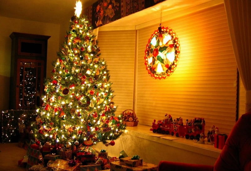 Holy Night, ornaments, christmas tree, lights, gifts, HD wallpaper
