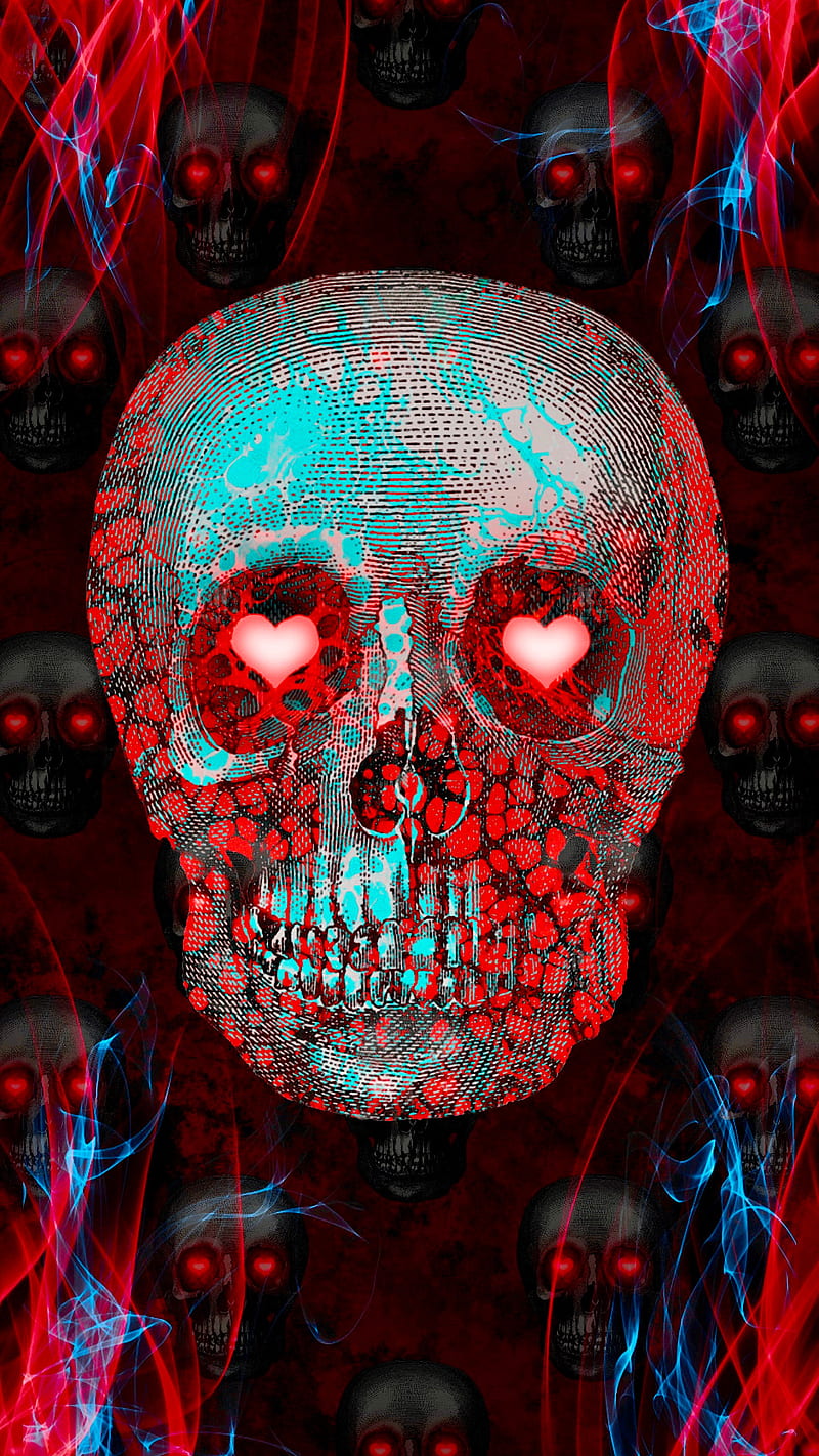 Skull Love, Valentines Day, blue & red , flames, goth, goth valentine, skeleton, skull , trending, HD phone wallpaper