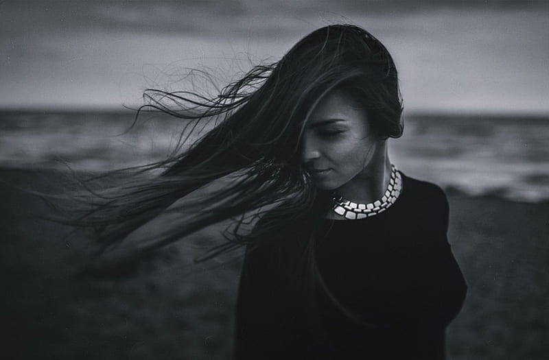 Gone with the Wind, beach, brunette, woman, wind, HD wallpaper