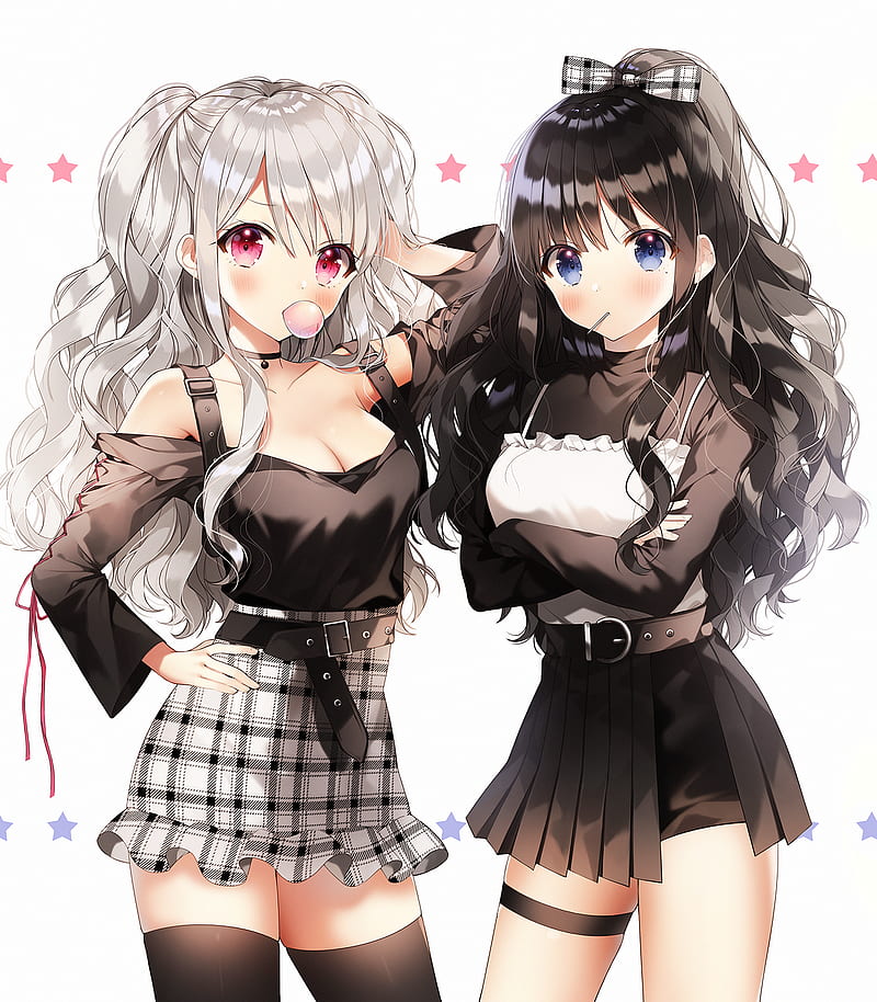 Women long hair thigh highs digital art anime gray hair anime