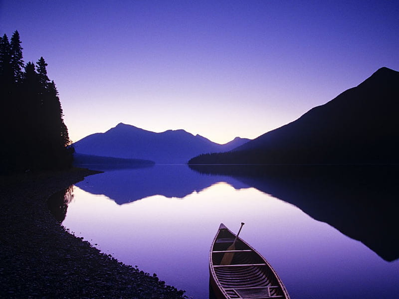 Canoe, oar, mountains, refection, trees, sky, lake, HD wallpaper