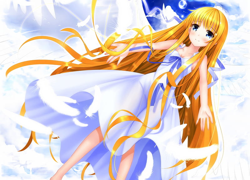 Kamio Misuzu, wings, angel, blonde hair, smile, sweet, cute, alone, air, heaven, anime girl, fell, feathers, HD wallpaper