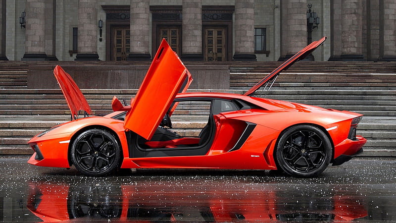 red lamborghini with everythin open in hail, building, red, car, hail, doors, HD wallpaper
