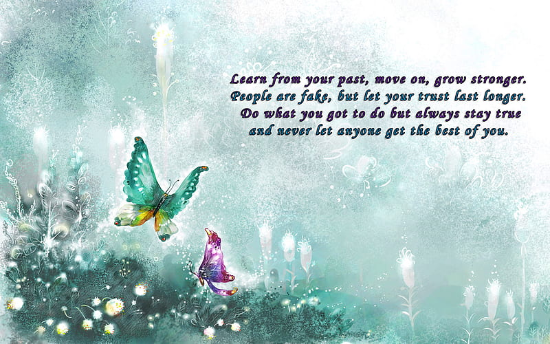 Moving On, inspirational, butterfly, purple, past, quote, blue, HD wallpaper