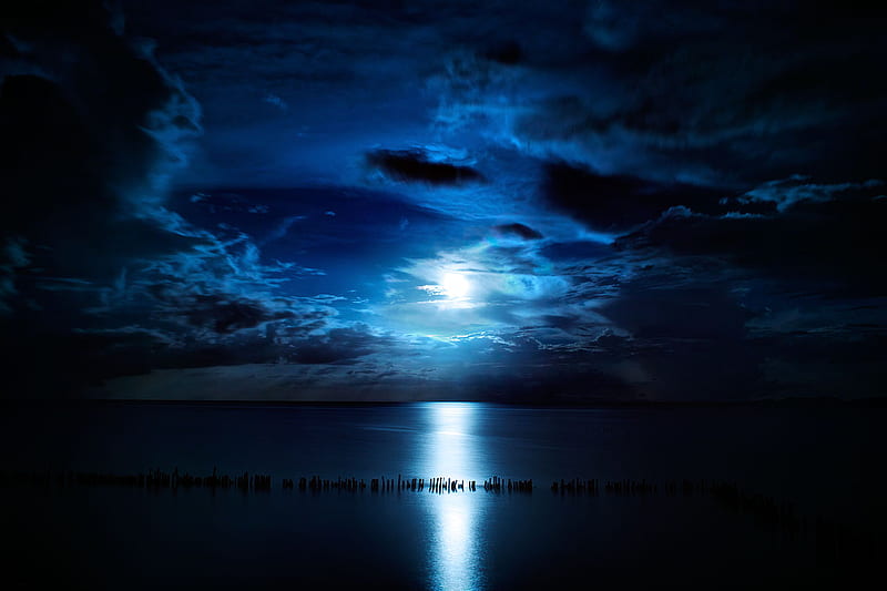 MIDNIGHT BLUE, midnight, moon, sky, blue, HD wallpaper