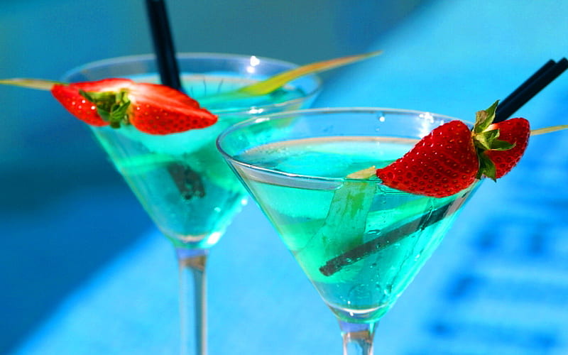 Join me, glass, stir stick, green, drinks, strawberries, blue, HD wallpaper