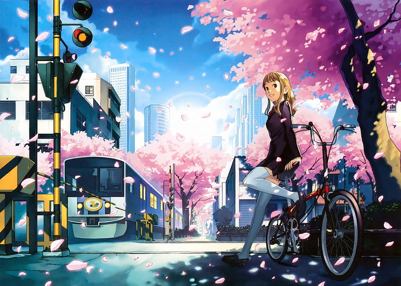 Waiting, sakura, female, bicycle, cherry blossom, school girl, building, cute, tree, city, train, girl, anime, bike, anime girl, school uniform, HD wallpaper