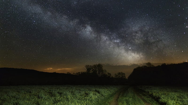 starry night over green fields, stars, fields, tracks, sky, night, HD wallpaper