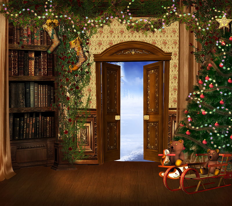 Christmas dream, pretty, christmas tree, tinsel, home, bear, bonito, door, graphy, nice, fantasy, beauty, room, star, harmony, lovely, holiday, christmas, decoration, sled, tree, cool, merry christmas, bears, HD wallpaper