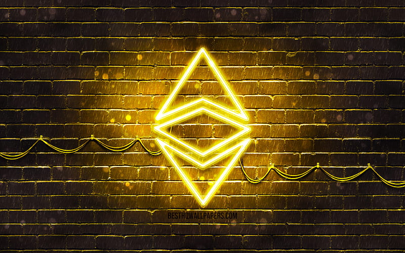 Ethereum yellow logo yellow brickwall, Ethereum logo, cryptocurrency, Ethereum neon logo, cryptocurrency signs, Ethereum, HD wallpaper