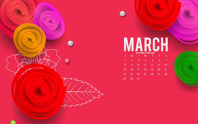 2020 March Calendar, red floral background, paper roses, March, 2020 spring calendars, roses, March 2020 calendar, HD wallpaper
