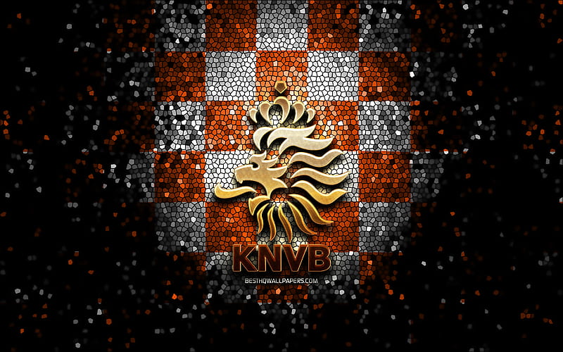 Dutch football team, glitter logo, UEFA, Europe, orange white checkered background, mosaic art, soccer, Netherlands National Football Team, KNVB logo, football, Netherlands, HD wallpaper