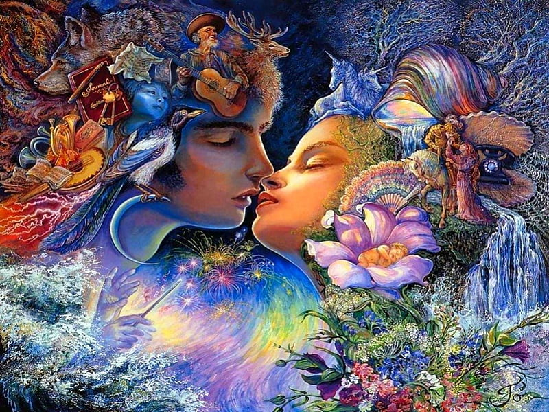 Fantasy kisses, colorful, amazing, splendid, romantic, romance, bonito, kiss, boy, fantasy, girl, love, flowers, history, HD wallpaper