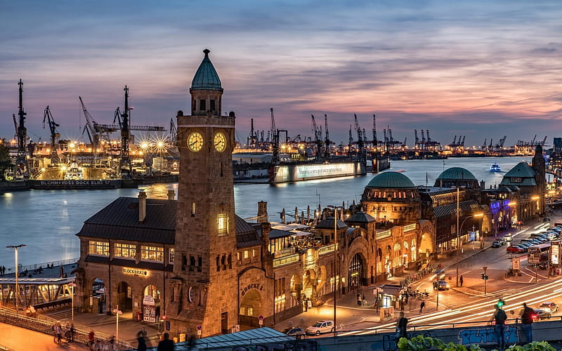 Hamburg, Germany, seaport, cranes, bay, HD wallpaper