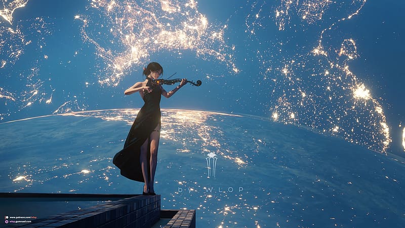 The Violonist, blue, instrument, music, fantasy, wlop, stars, girl, violin, HD wallpaper