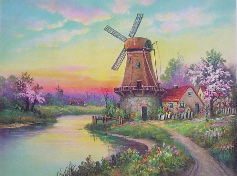 AWAITING SPRING, colorful, spring, windmill painting, breeze, HD wallpaper