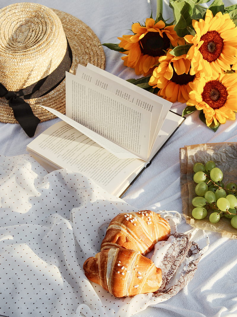 book, hat, croissant, picnic, HD phone wallpaper