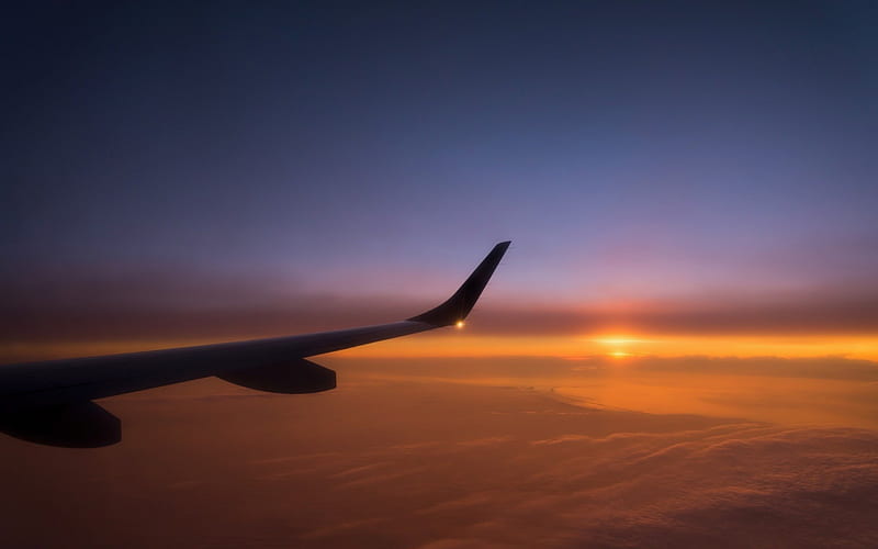 sunset beyond the wing tip r, plane, r, sunset, clouds, wing, HD wallpaper