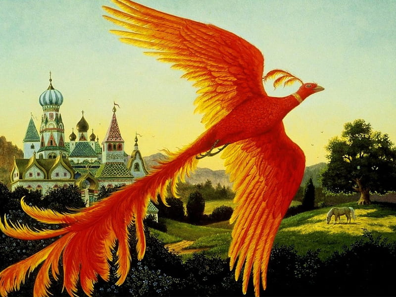 Firebird, wings, orange, buildings, artwork, feathers, HD wallpaper