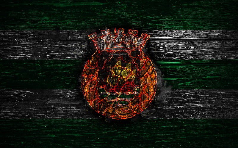 Rio Ave FC, fire logo, Primeira Liga, green and white lines, Portuguese football club, grunge, football, soccer, logo, Rio Ave, wooden texture, Portugal, HD wallpaper