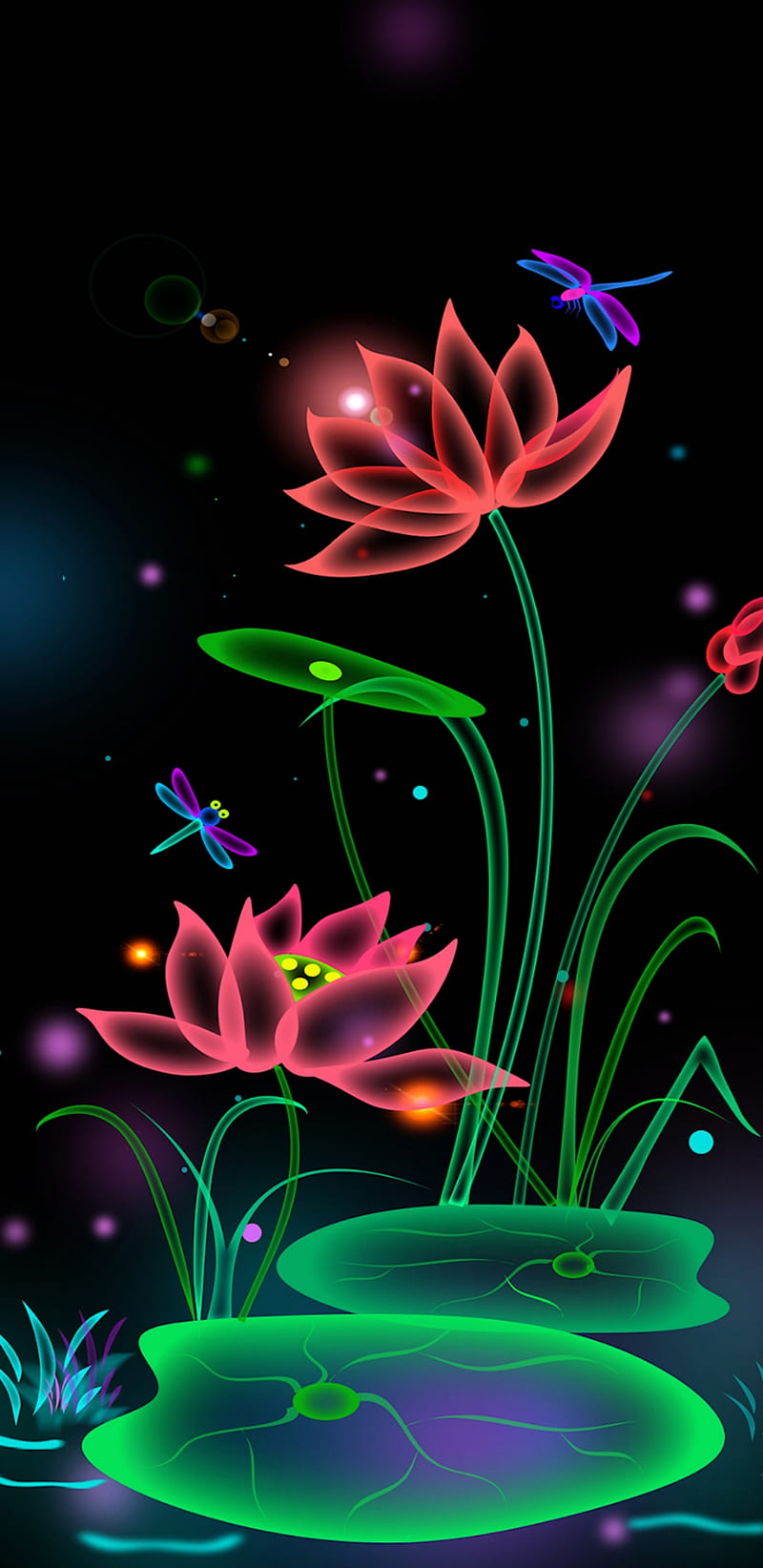 FantasyGlow, bonito, dragonfly, fantasy, flower, flowers, glow, neon, pretty, sparkle, HD phone wallpaper