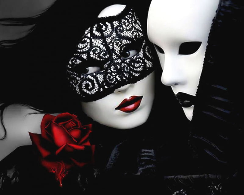 Love beneath the mask, red, rose, love, mask, couple, HD wallpaper