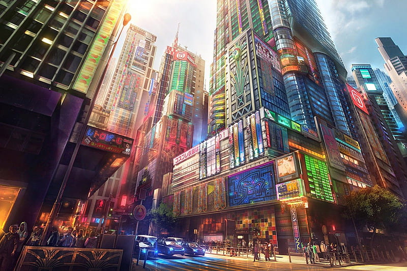 Create a stunning cinematic big anime wallpaper featuring a mesmerizing  futuristic cityscape with towering skyscrapers, vibrant neon lights  illuminating the bustling streets below, and an awe-inspiring anime  protagonist standing confidently at the