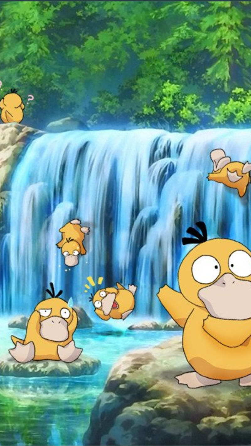Pokemon syduck , sea, anime, duck, cascade, waterfalls, cartoon, japan, HD phone wallpaper