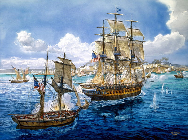 Tall Ships, ships, art, tall ship, old, sea, guns, battle, ship, painting, military, navy, HD wallpaper