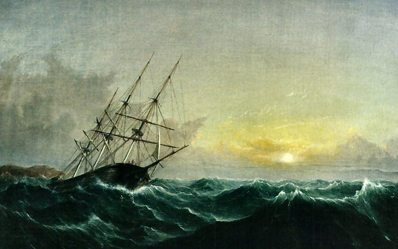 Breaking Away F2, art, Old Master, ocean, tall ship, sunset, artwork, sea, water, painting, wide screen, seascape, sailboat, HD wallpaper