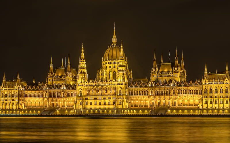 Budapest, Hungarian Parliament Building, Parliament of Budapest, evening, night, Danube river, Budapest landmark, Hungary, HD wallpaper