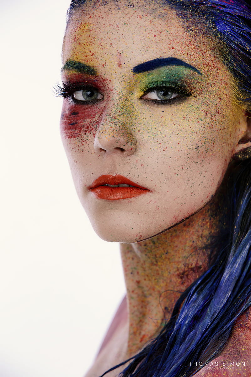 Thomas Simon, women, blue hair, looking at viewer, body paint, face paint, colorful, makeup, lipstick, splatter, simple background, eyeliner, face, HD phone wallpaper