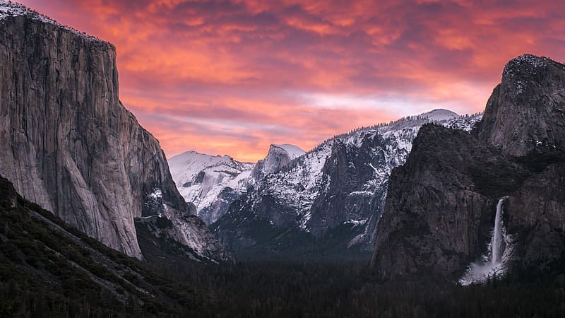 Sunrise at Tunnel View, Yosemite National Park, california, colors, waterfall, clouds, sky, mountains, rocks, usa, HD wallpaper