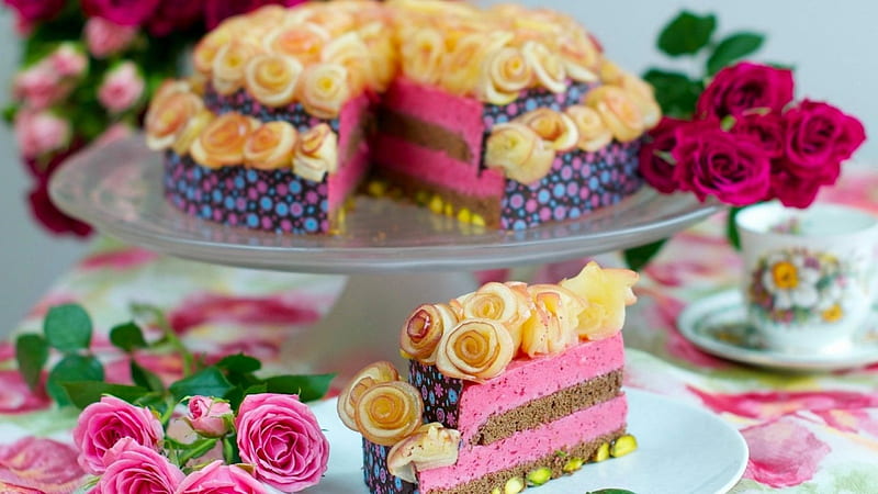 Sweet Dessert, cake, flowers, cream, dessert, HD wallpaper