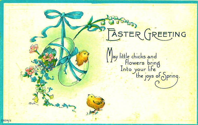 Easter Greeting, egg, flowers, blossoms, chicks, artwork, HD wallpaper ...