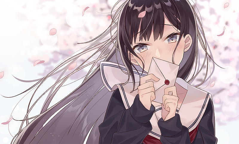 Nagitoki, seifuku, petals, paper, gray eyes, long hair, Anime, HD ...